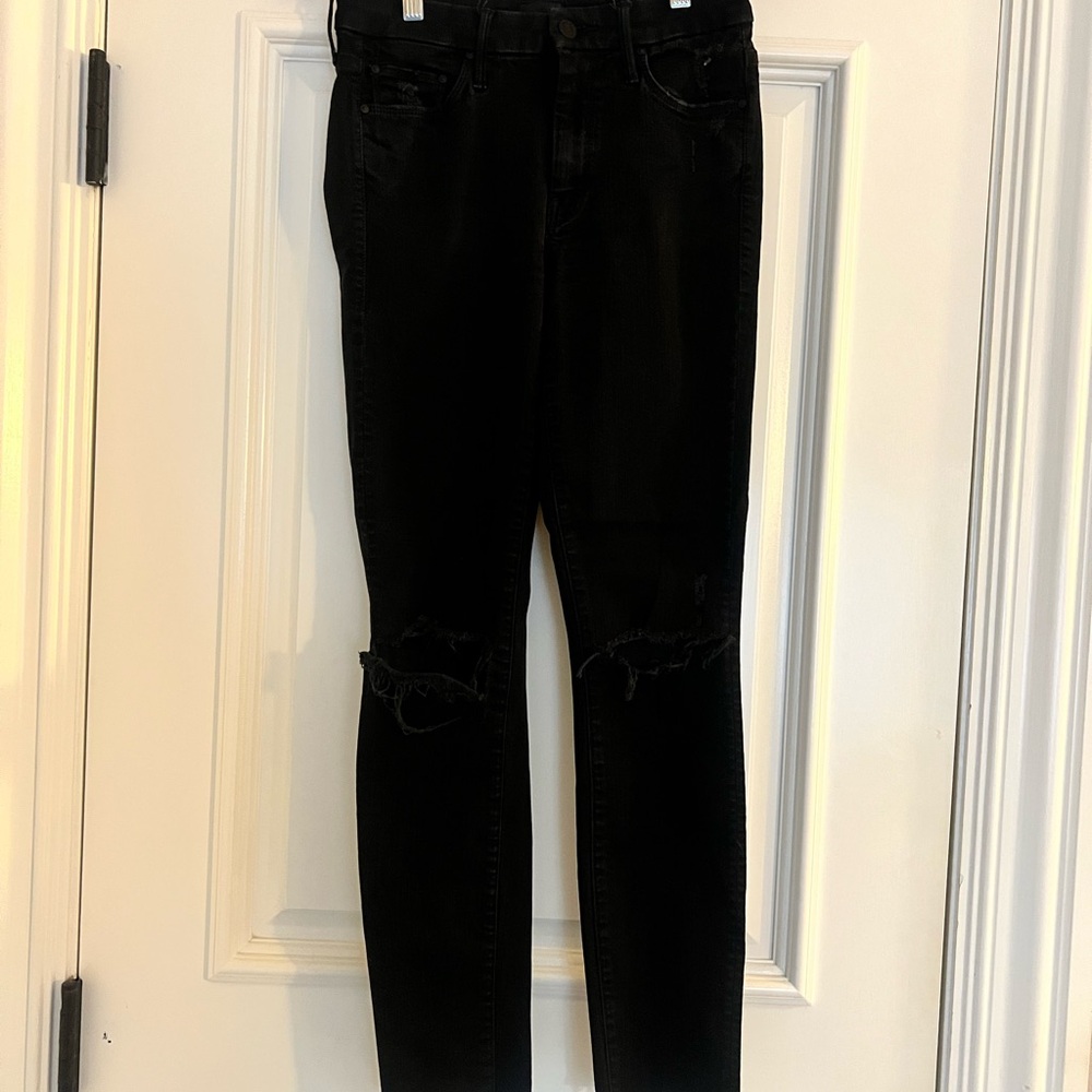 MOTHER Black Ripped Skinny Jeans
